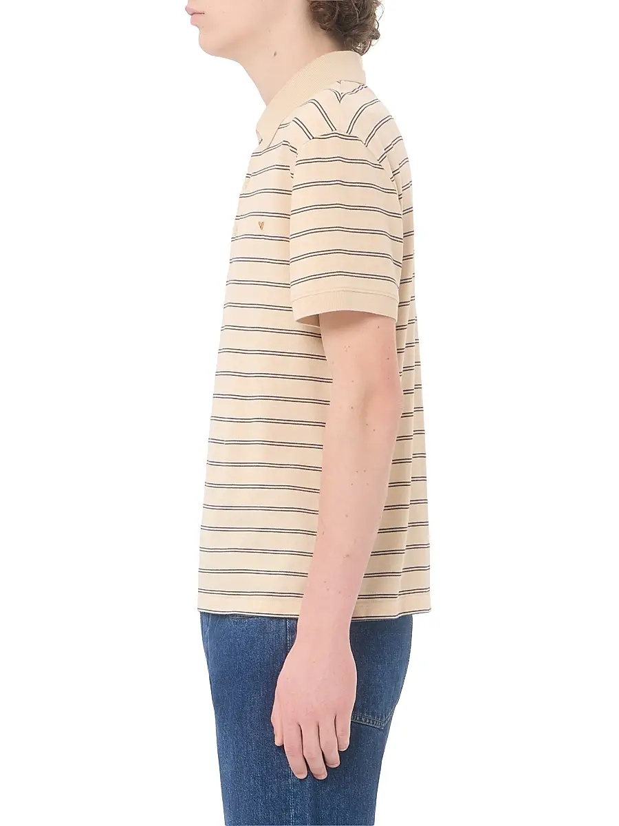 Valentino Men's Cotton Piqué Polo Shirt with VGold Stripes - Beige Navy | Thumbnail 4