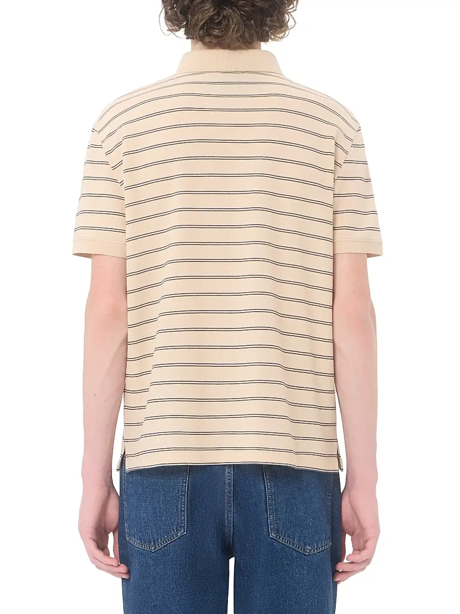 Valentino Men's Cotton Piqué Polo Shirt with VGold Stripes - Beige Navy | Thumbnail 5