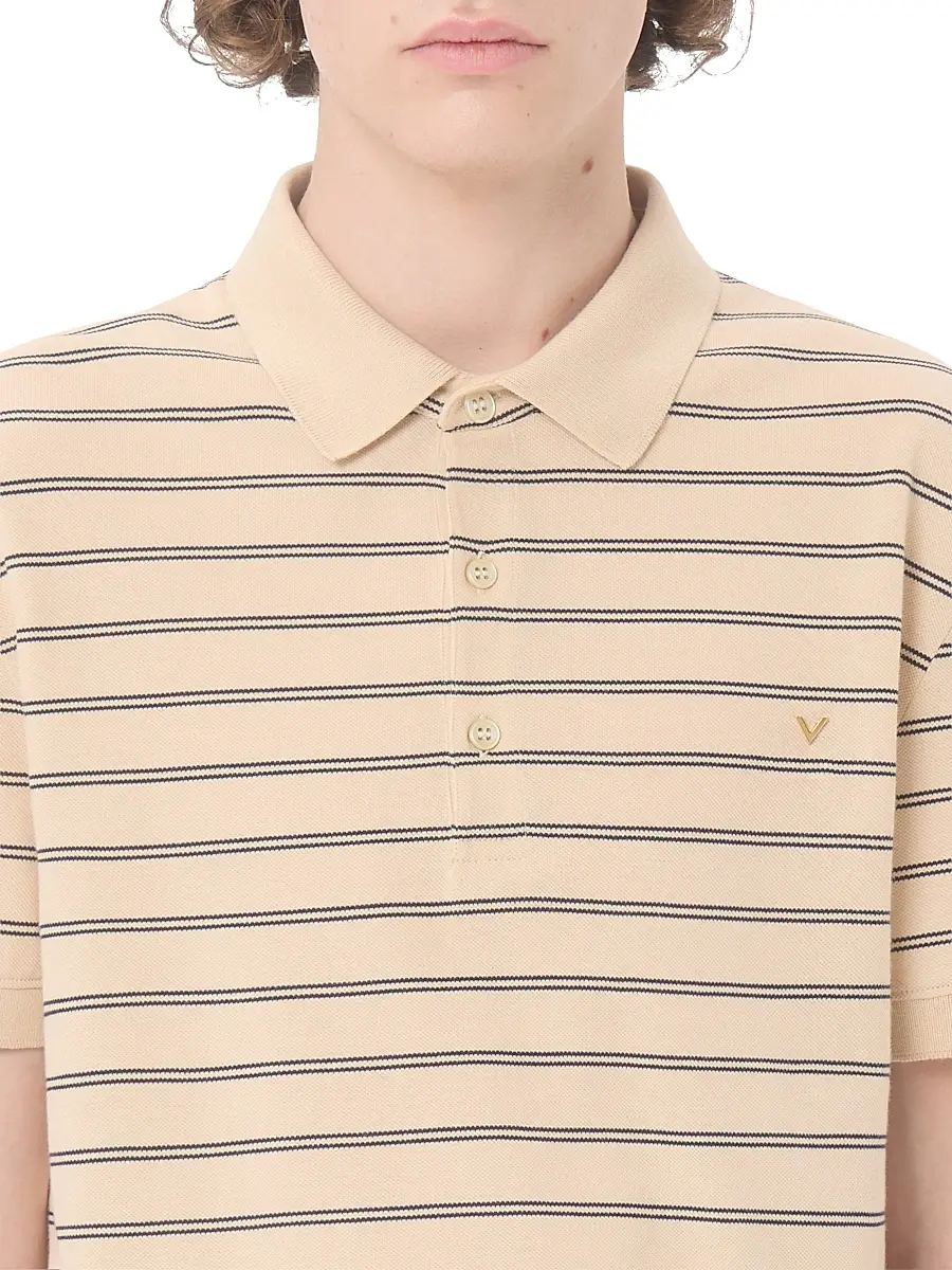 Valentino Men's Cotton Piqué Polo Shirt with VGold Stripes - Beige Navy | Thumbnail 6