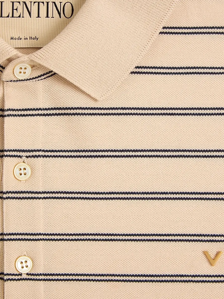 Valentino Men's Cotton Piqué Polo Shirt with VGold Stripes - Beige Navy | Thumbnail 7