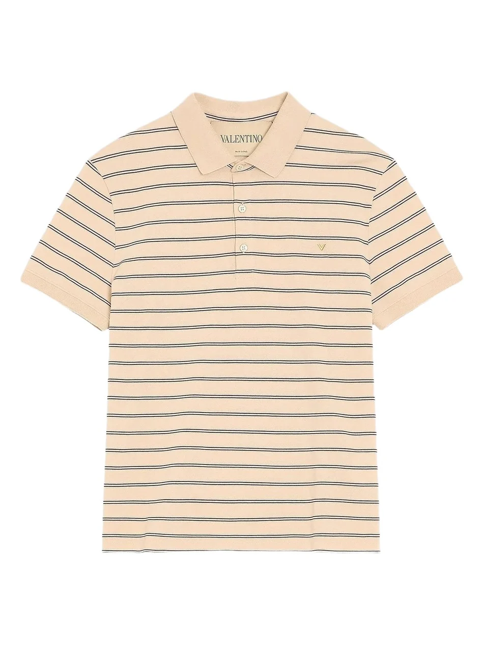 Men's Cotton Piqué Polo Shirt with VGold Stripes - Beige Navy Men's Cotton Piqué Polo Shirt with VGold Stripes - Beige Navy
