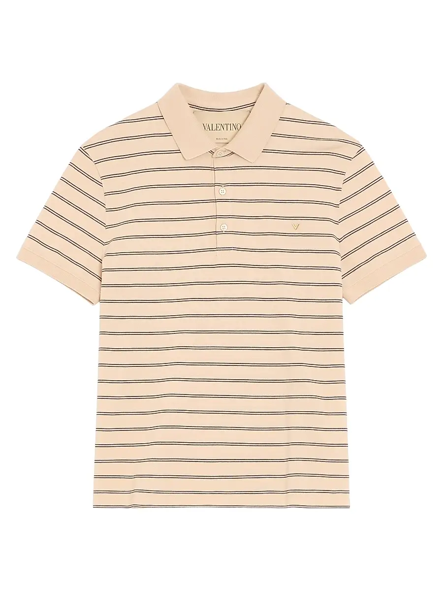 Valentino Garavani Men's Cotton Piqué Polo Shirt with VGold Stripes - Beige Navy | Image 1 Valentino Garavani Men's Cotton Piqué Polo Shirt with VGold Stripes - Beige Navy | Image 1