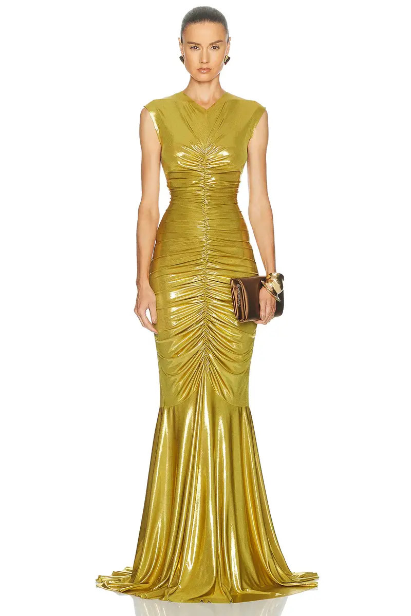 Norma Kamali Sleeveless V Neck Shirred Front Fishtail Gown | Image 1 Norma Kamali Sleeveless V Neck Shirred Front Fishtail Gown | Image 1