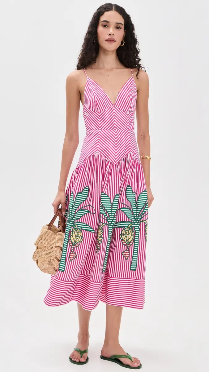 Farm Rio Palm Tree Cutwork Stripes Midi Dress | Thumbnail 3