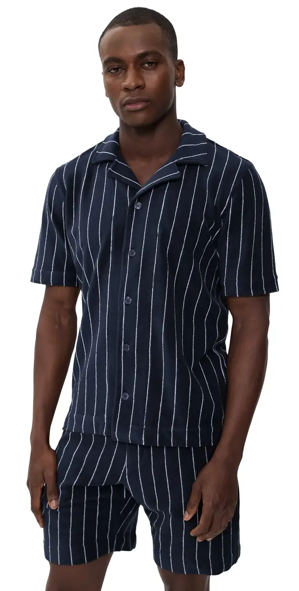 Orlebar Brown Hawkin tripe Towelling Shirt Night Iris/White and | Image 1 Orlebar Brown Hawkin tripe Towelling Shirt Night Iris/White and | Image 1