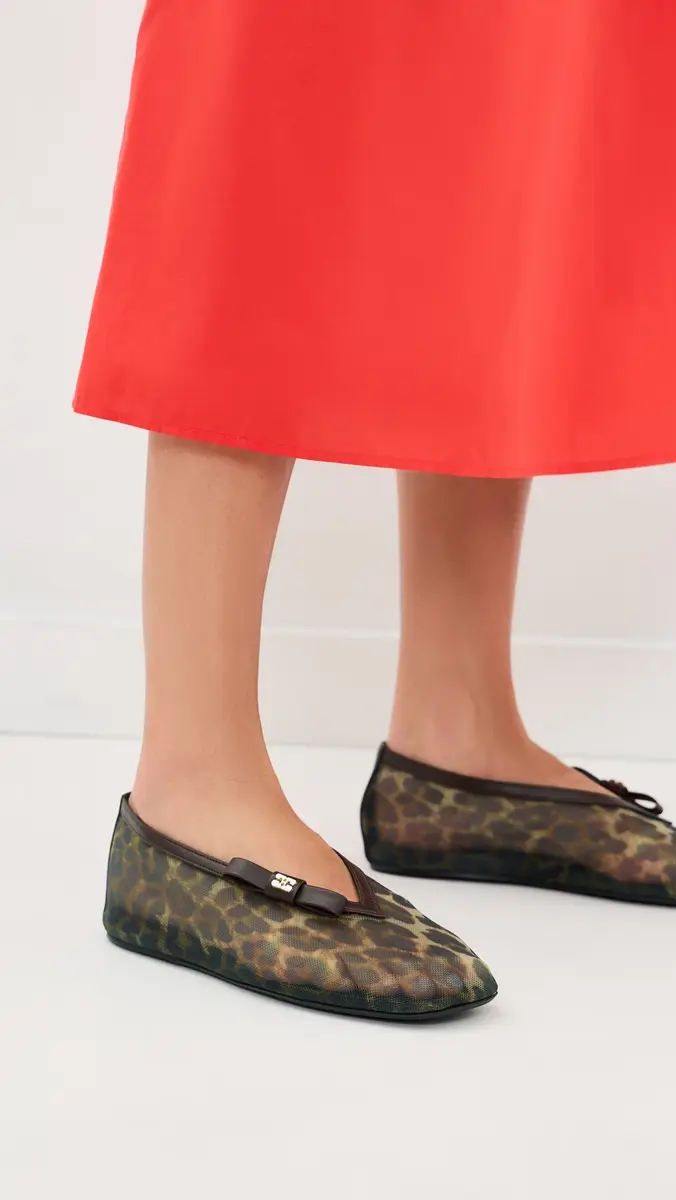 Ganni Jenny Printed Mesh Bow Ballerina Flats | Thumbnail 3