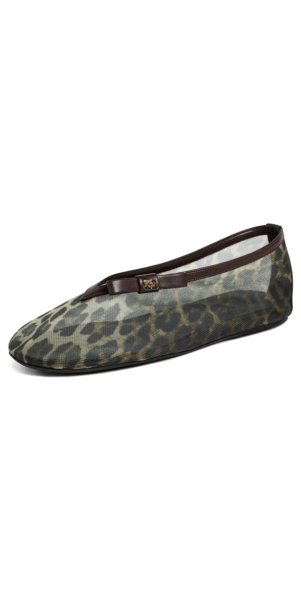 Ganni Jenny Printed Mesh Bow Ballerina Flats Almond Milk 41 | Image 1 Ganni Jenny Printed Mesh Bow Ballerina Flats Almond Milk 41 | Image 1