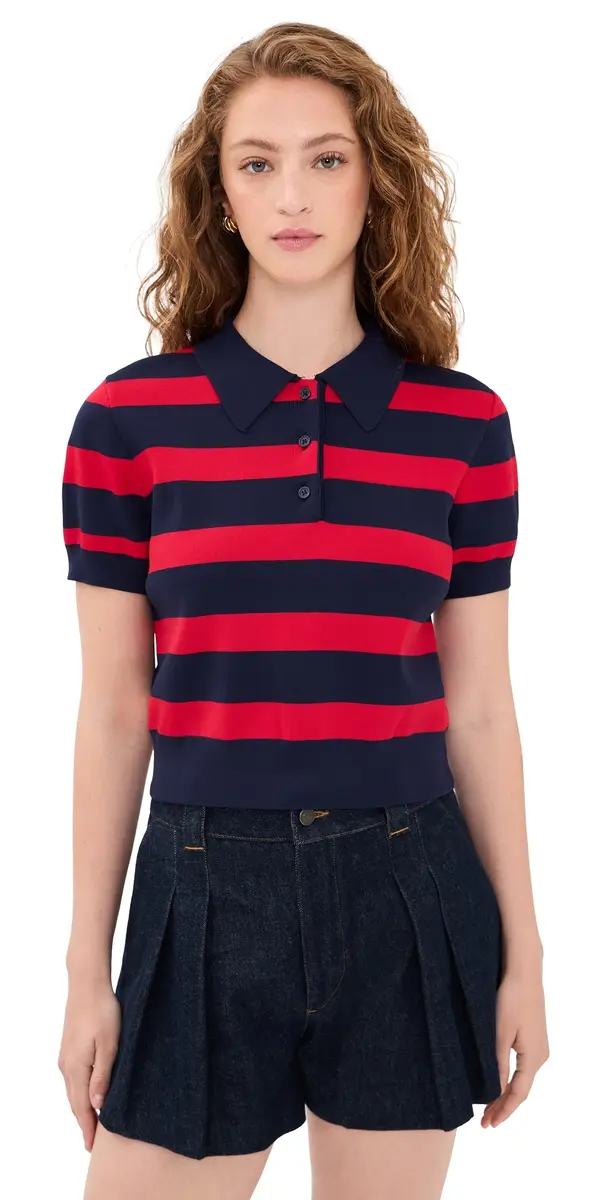 English Factory Striped Polo Knit Top Navy/Red | Image 1 English Factory Striped Polo Knit Top Navy/Red | Image 1