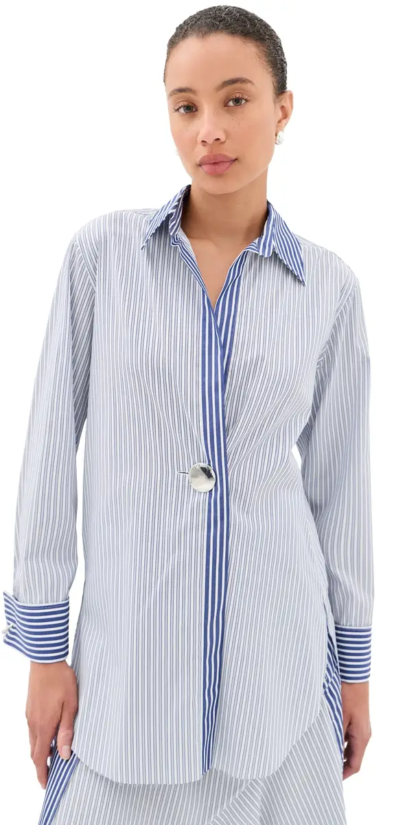 MARQUES ALMEIDA Patchwork Overlapping Front Tailored Shirt Blue Stripe 8 | Image 1 MARQUES ALMEIDA Patchwork Overlapping Front Tailored Shirt Blue Stripe 8 | Image 1