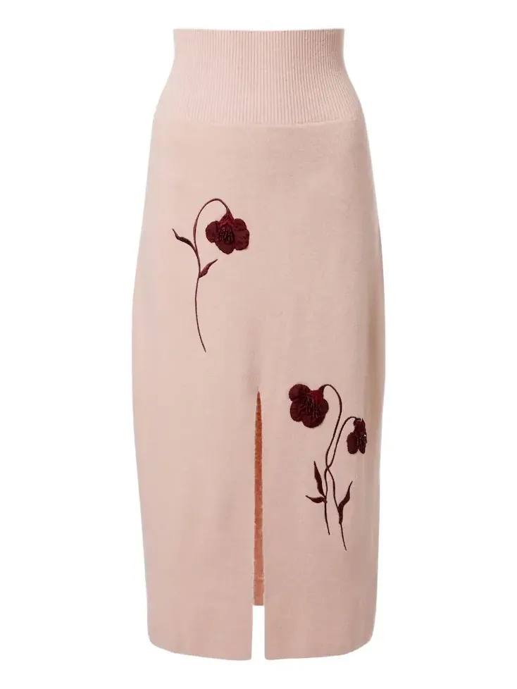 Floral-appliqué knitted midi skirt