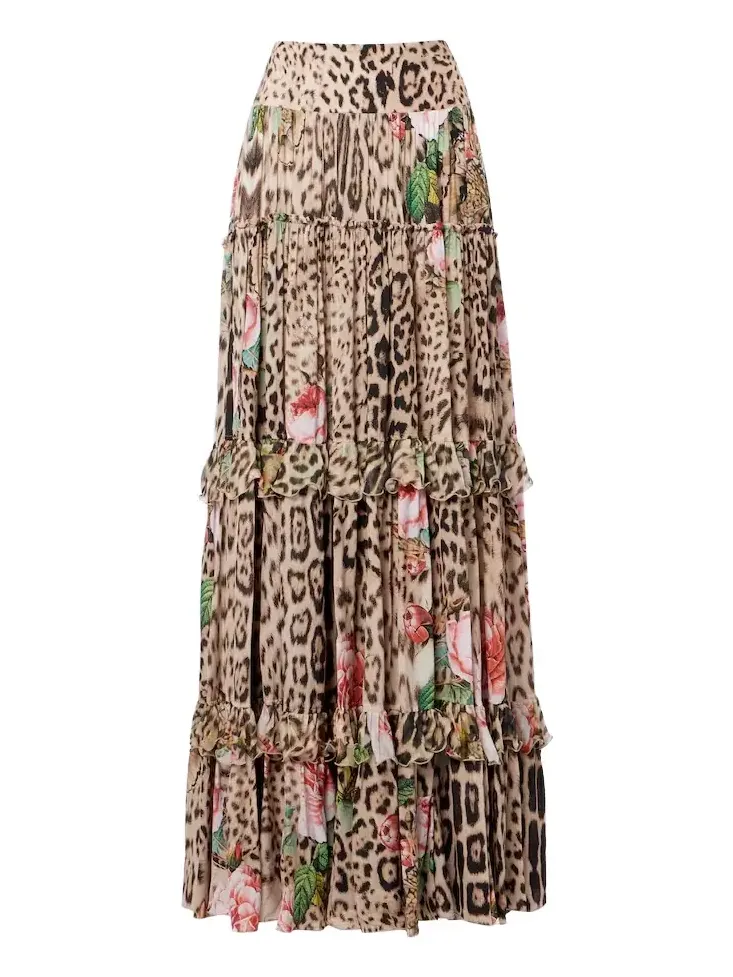 Printed ruffled maxi skirt