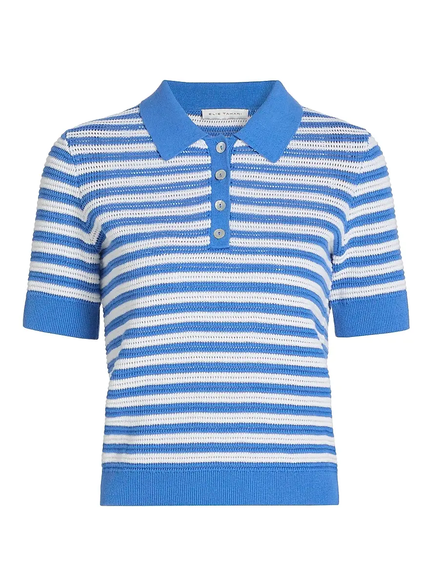 Elie Tahari Women's The Elliot Striped Cotton Polo Sweater - Seaport Blue | Image 1 Elie Tahari Women's The Elliot Striped Cotton Polo Sweater - Seaport Blue | Image 1