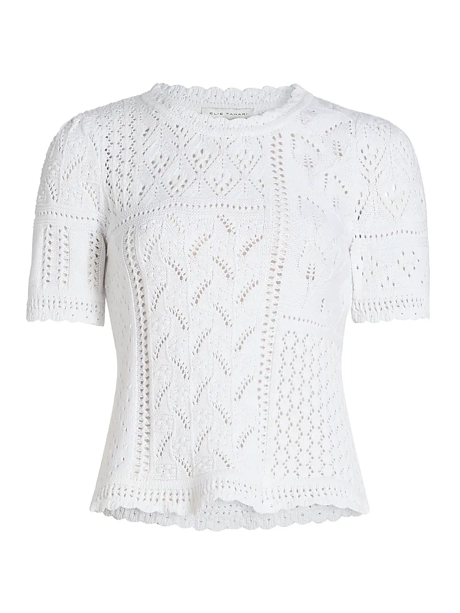 Elie Tahari Women's The Lily Pointelle Cotton Knit Short-Sleeve Sweater - Sky White | Image 1 Elie Tahari Women's The Lily Pointelle Cotton Knit Short-Sleeve Sweater - Sky White | Image 1