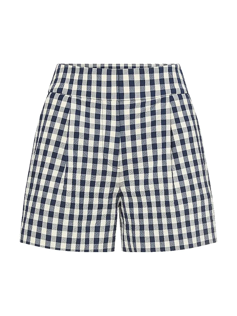 Veronica Beard Women's Haina Gingham Stretch-Cotton High-Rise Shorts - Navy Dove | Image 1 Veronica Beard Women's Haina Gingham Stretch-Cotton High-Rise Shorts - Navy Dove | Image 1