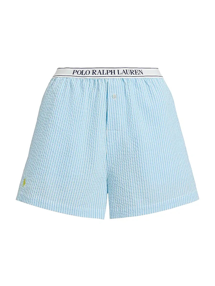 Polo Ralph Lauren Women's Seersucker Logo Waistband Boxer Shorts - Baltic Sea | Image 1 Polo Ralph Lauren Women's Seersucker Logo Waistband Boxer Shorts - Baltic Sea | Image 1
