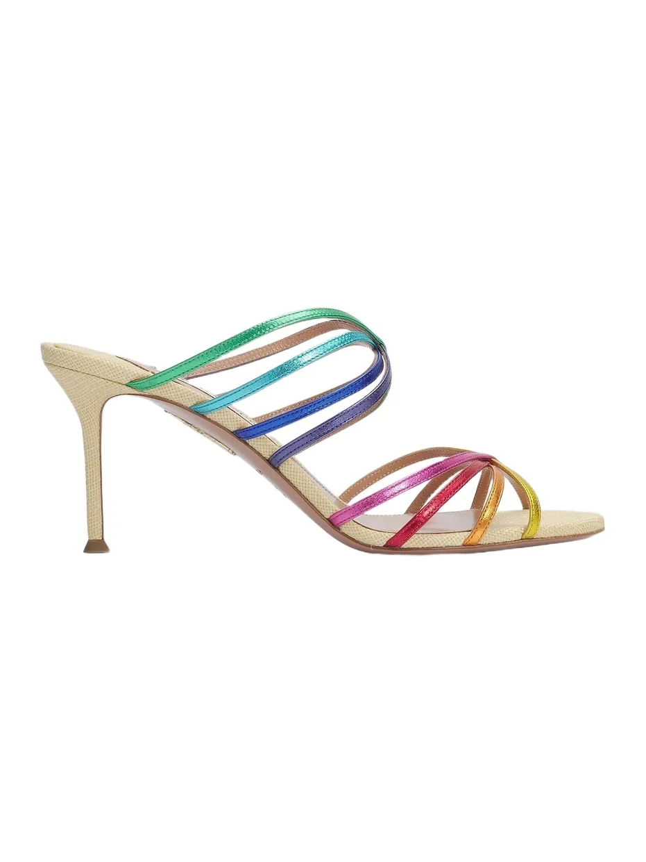 Aquazzura Women's Tell Me 75MM Rainbow Leather and Raffia Mule Sandals