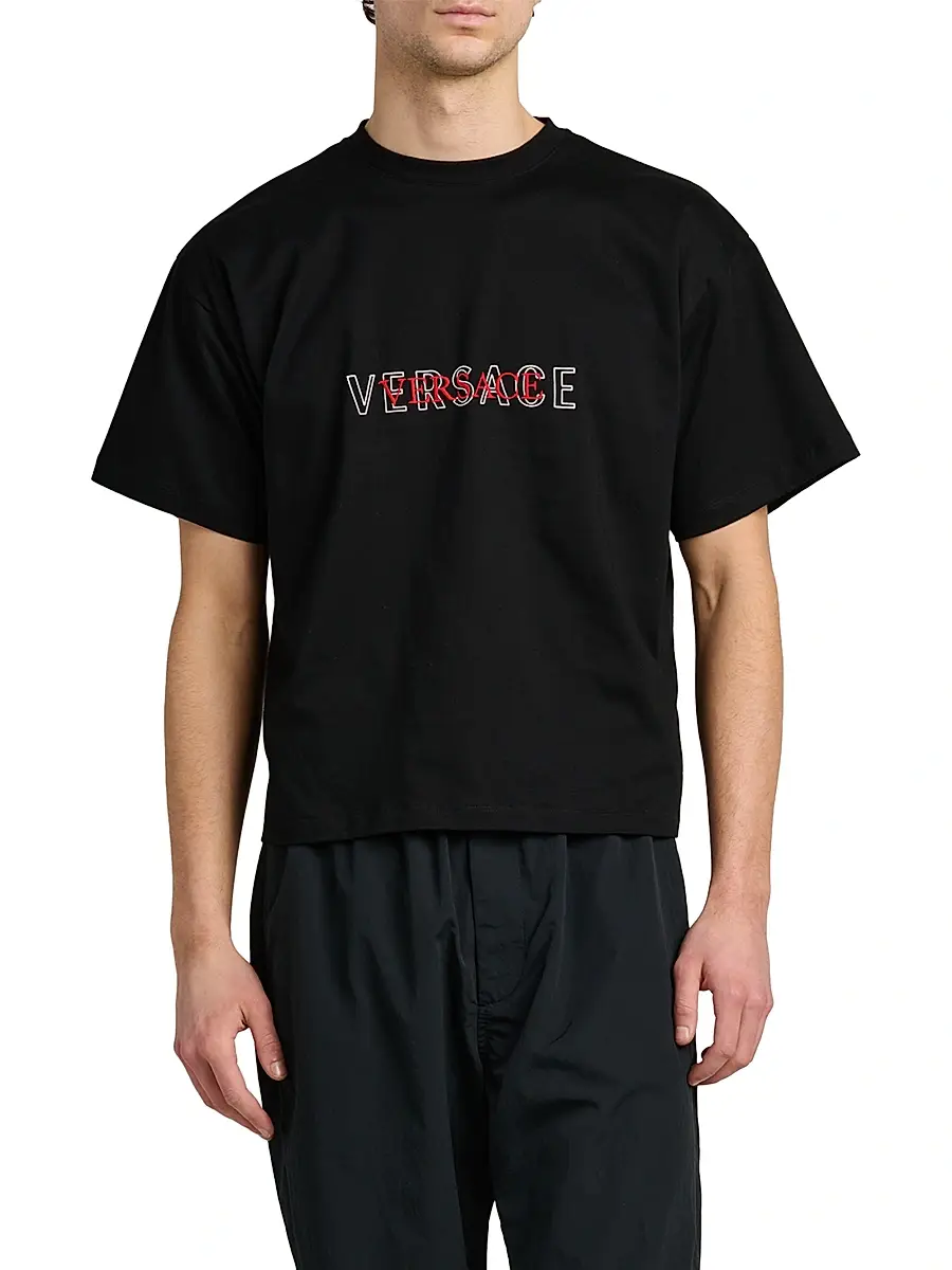 Versace Men's Logo-Embroidered Cotton T-Shirt | Thumbnail 3 Versace Men's Logo-Embroidered Cotton T-Shirt | Thumbnail 3