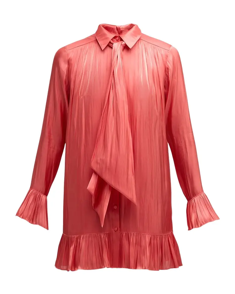 Cinq à Sept Iva Ruffled Neck-Tie Mini Shirt Dress | Image 1 Cinq à Sept Iva Ruffled Neck-Tie Mini Shirt Dress | Image 1