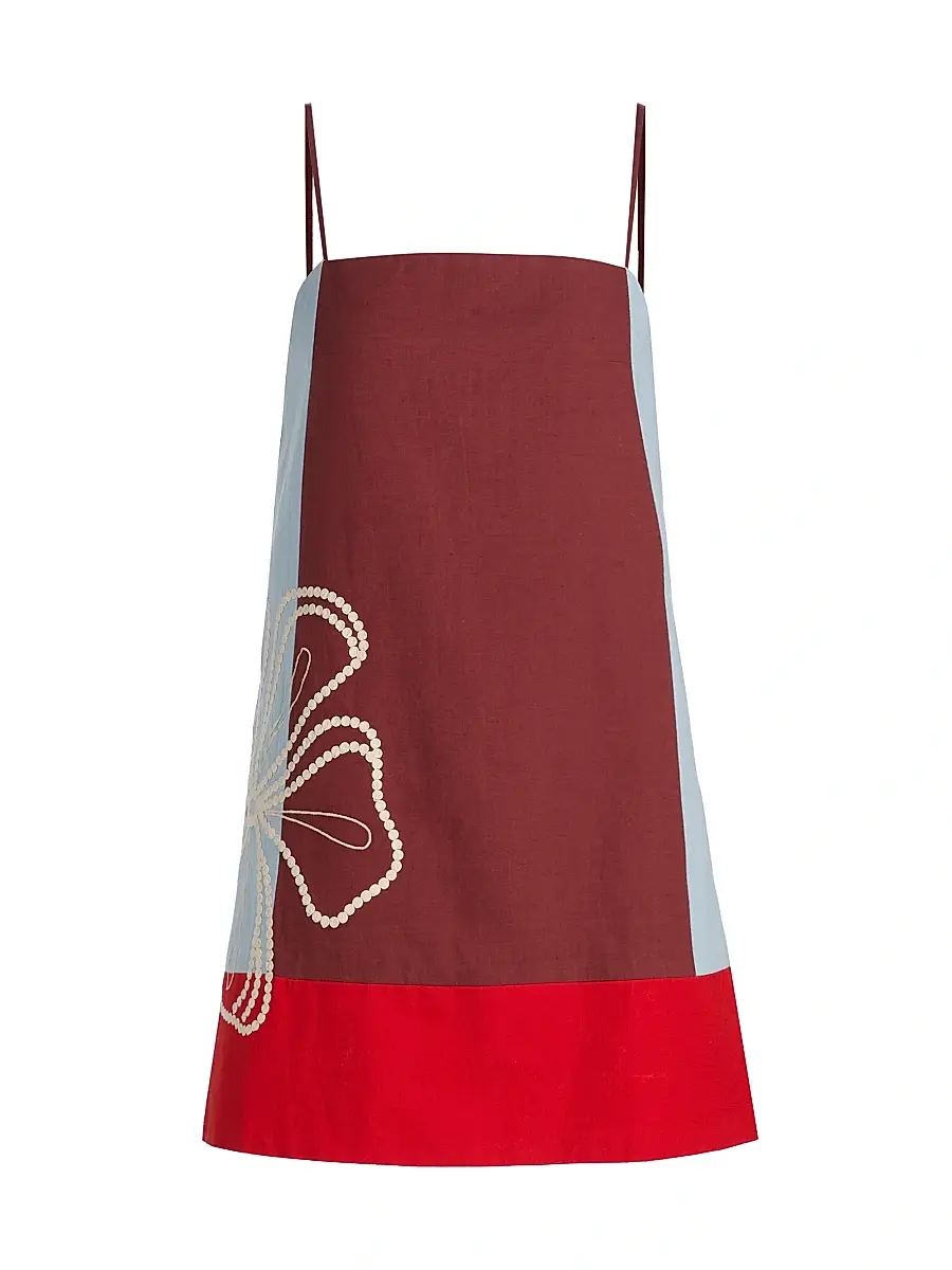 Tanya Taylor Women's Bianca Floral Colorblocked Cotton-Linen Minidress - Redwood Multi | Image 1 Tanya Taylor Women's Bianca Floral Colorblocked Cotton-Linen Minidress - Redwood Multi | Image 1