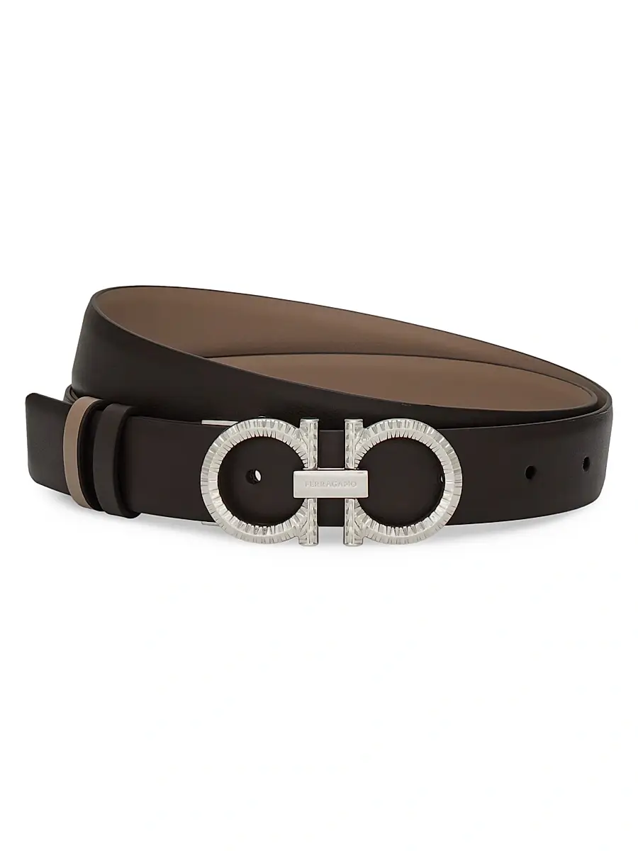 Ferragamo Women's Donna Knurled Gancini Reversible Leather Belt - Testa Di Moro Warm Taupe | Image 1 Ferragamo Women's Donna Knurled Gancini Reversible Leather Belt - Testa Di Moro Warm Taupe | Image 1