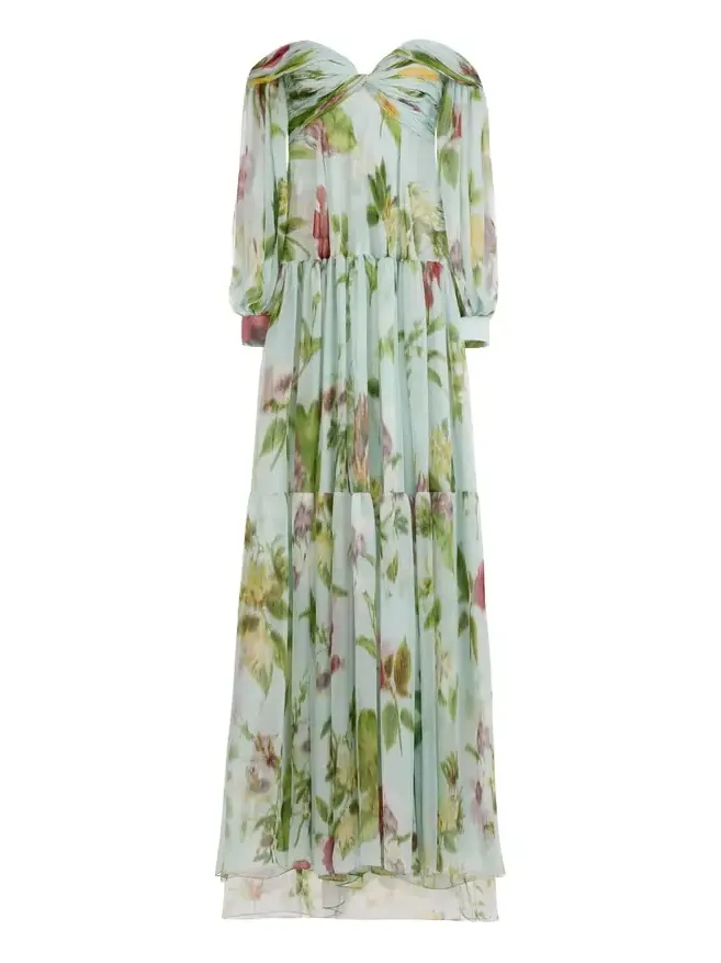 Chiné Dominican Mixed-Floral Chiffon Sweetheart Gown