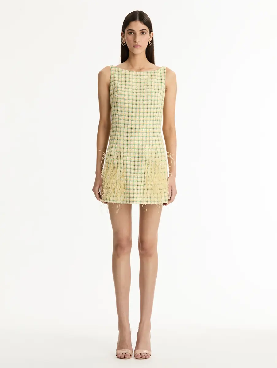 Oscar de la Renta Point d’Esprit Feather Embroidered Checked Tweed Dress | Thumbnail 2 Oscar de la Renta Point d’Esprit Feather Embroidered Checked Tweed Dress | Thumbnail 2