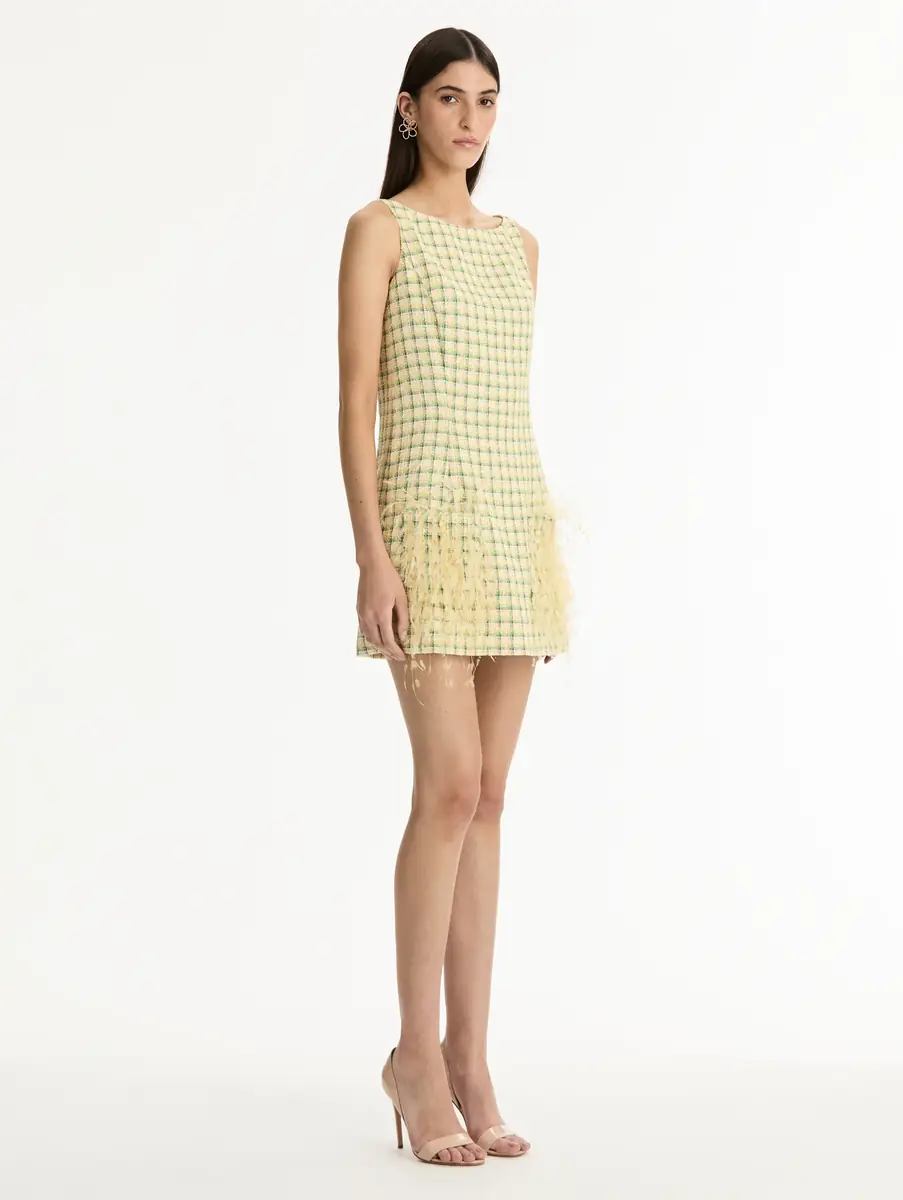 Oscar de la Renta Point d’Esprit Feather Embroidered Checked Tweed Dress | Thumbnail 3 Oscar de la Renta Point d’Esprit Feather Embroidered Checked Tweed Dress | Thumbnail 3