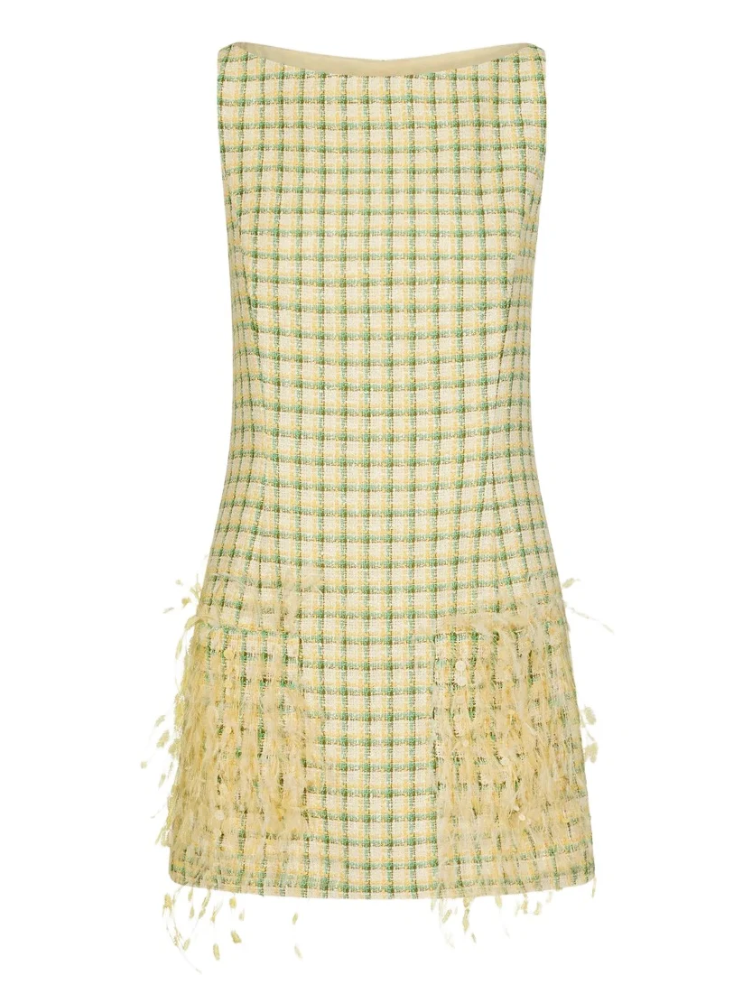 Oscar de la Renta Point d’Esprit Feather Embroidered Checked Tweed Dress