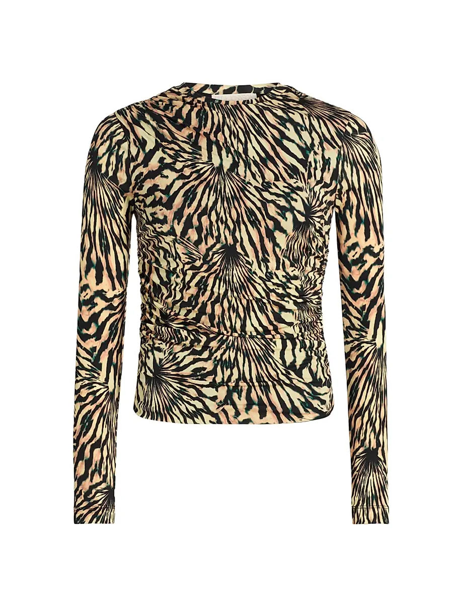 Ulla Johnson Women's Nova Ruched Tiger-Print Long-Sleeve Top | Image 1 Ulla Johnson Women's Nova Ruched Tiger-Print Long-Sleeve Top | Image 1