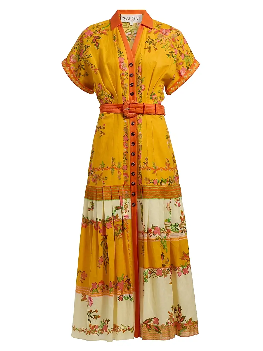 Saloni Women's Riya Floral Linen-Cotton Midi-Dress - Zinnia Sunset Placement | Image 1 Saloni Women's Riya Floral Linen-Cotton Midi-Dress - Zinnia Sunset Placement | Image 1