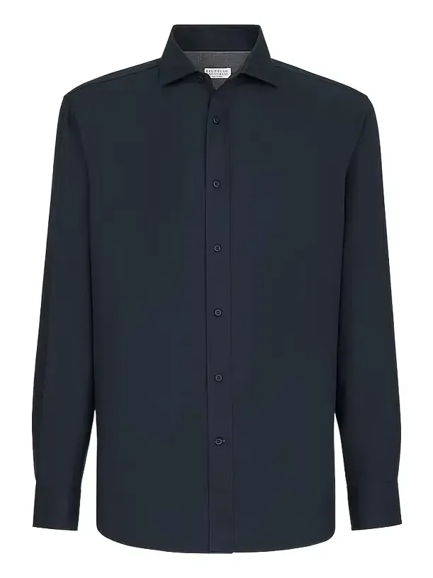 Men's Garment-Dyed Twill Shirt with Spread Collar - Navy Blue