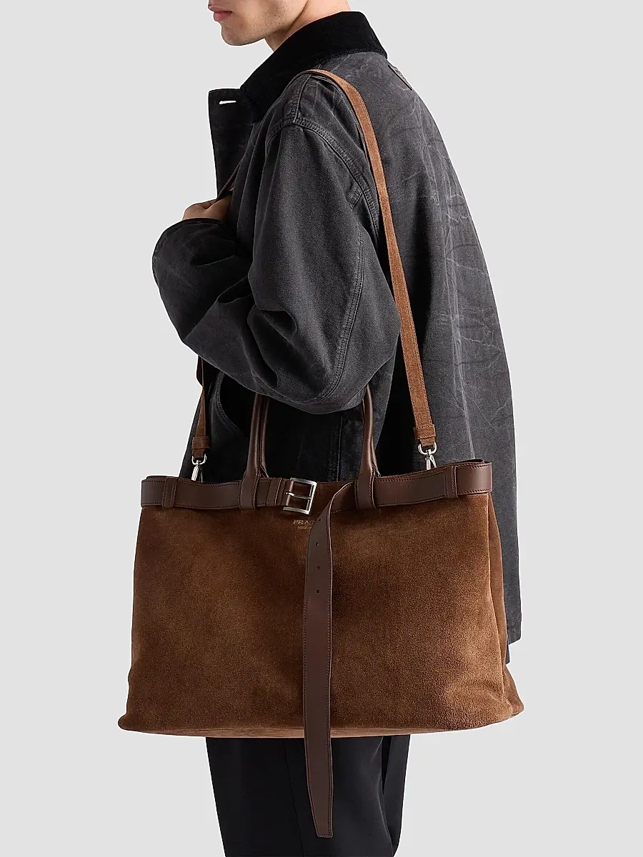 Prada Men's Buckle Suede Bag with Belt - Brown | Thumbnail 7