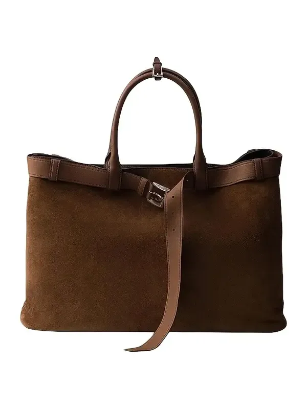 Men's Buckle Suede Bag with Belt - Brown