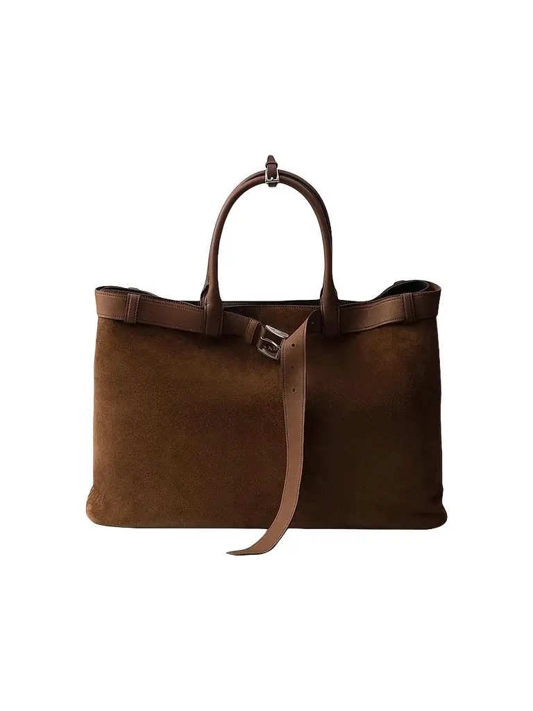 Prada Men's Buckle Suede Bag with Belt - Brown | Image 1 Prada Men's Buckle Suede Bag with Belt - Brown | Image 1