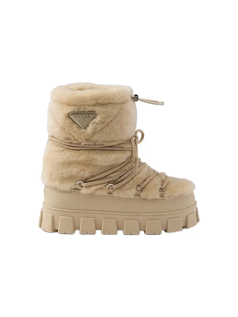 Prada Women's Shearling Après Ski Booties - Beige Khaki - Size 15 | Image 1 Prada Women's Shearling Après Ski Booties - Beige Khaki - Size 15 | Image 1