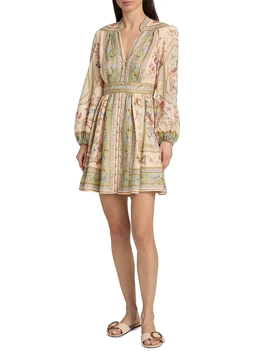 Zimmermann Women's Roselight Plunge Printed Linen Mini Dress | Thumbnail 2