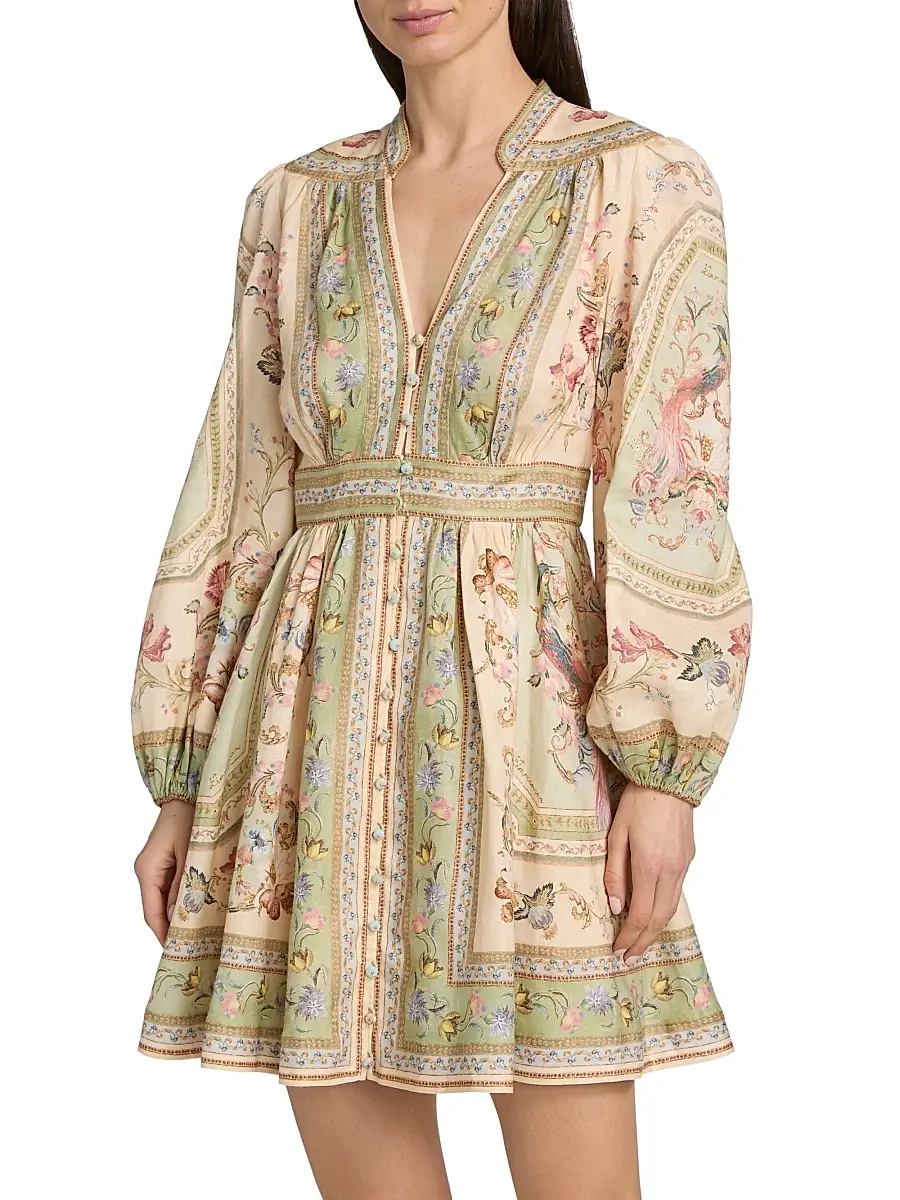 Zimmermann Women's Roselight Plunge Printed Linen Mini Dress | Thumbnail 3
