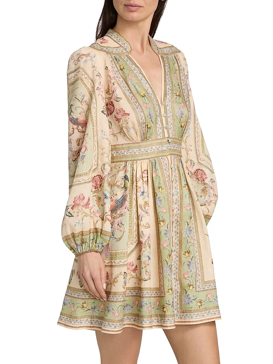 Zimmermann Women's Roselight Plunge Printed Linen Mini Dress | Thumbnail 4