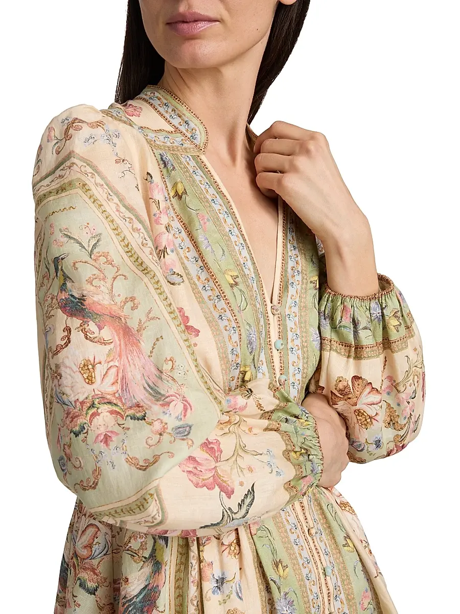 Zimmermann Women's Roselight Plunge Printed Linen Mini Dress | Thumbnail 6