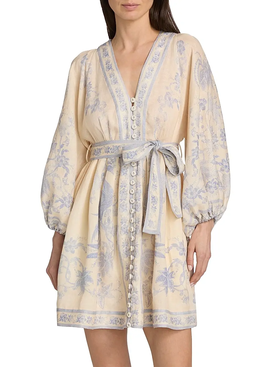 Zimmermann Women's Indra Floral Plunge Linen Minidress | Thumbnail 3 Zimmermann Women's Indra Floral Plunge Linen Minidress | Thumbnail 3