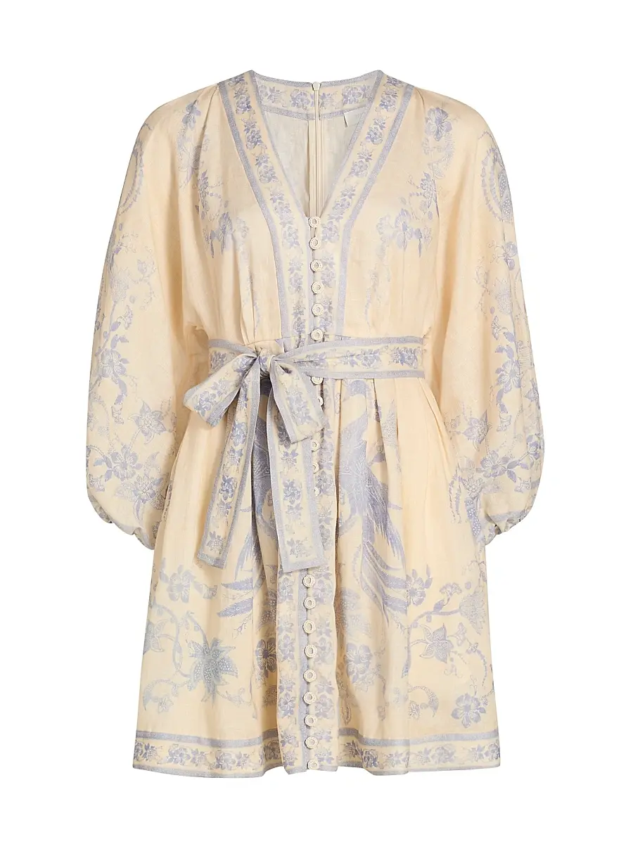 Zimmermann Women's Indra Floral Plunge Linen Minidress - Cream Lilac Floral - Size 10 | Image 1 Zimmermann Women's Indra Floral Plunge Linen Minidress - Cream Lilac Floral - Size 10 | Image 1