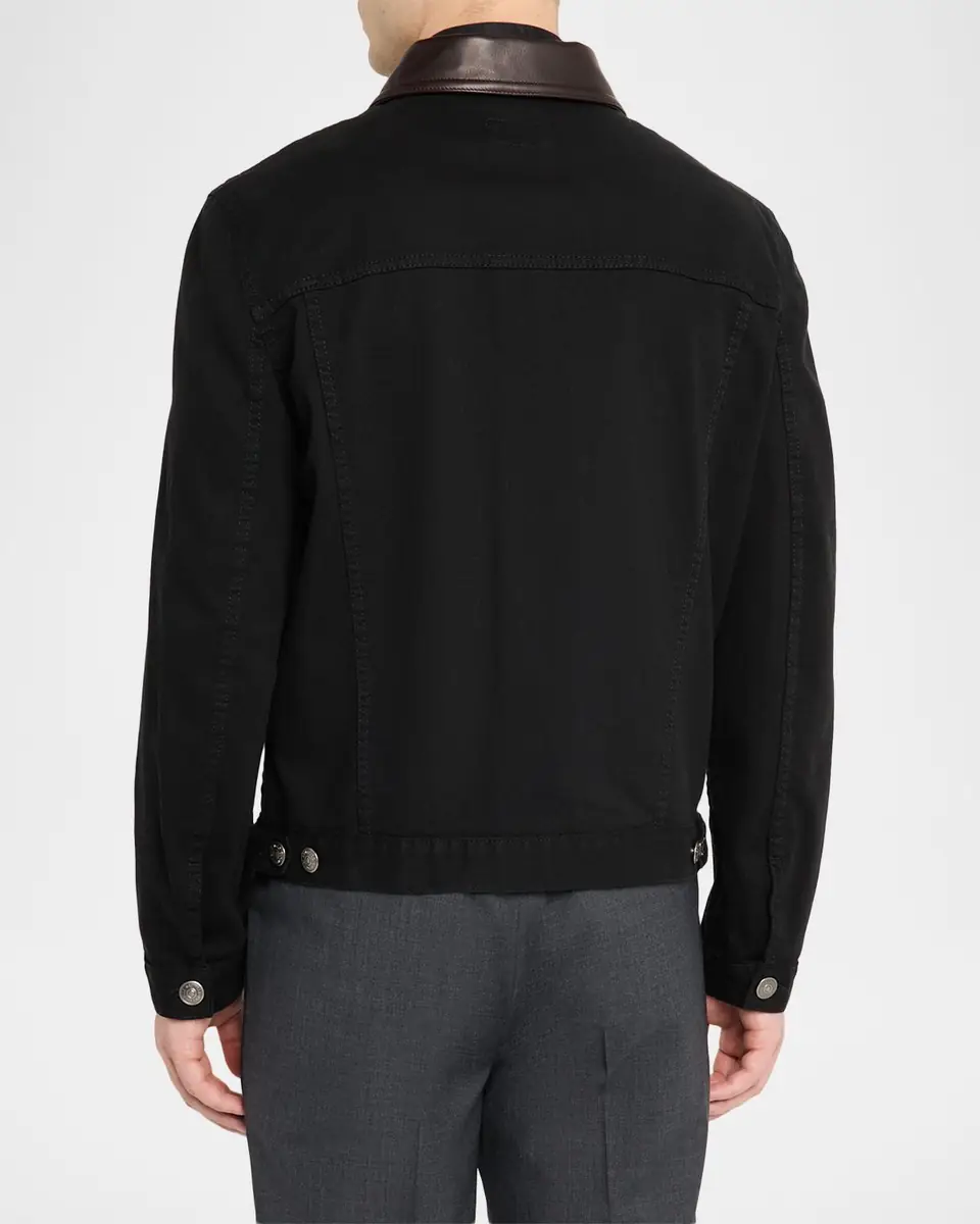 Brunello Cucinelli Men's Garment-Dyed Denim Leather-Collar Shirt Jacket | Thumbnail 2 Brunello Cucinelli Men's Garment-Dyed Denim Leather-Collar Shirt Jacket | Thumbnail 2