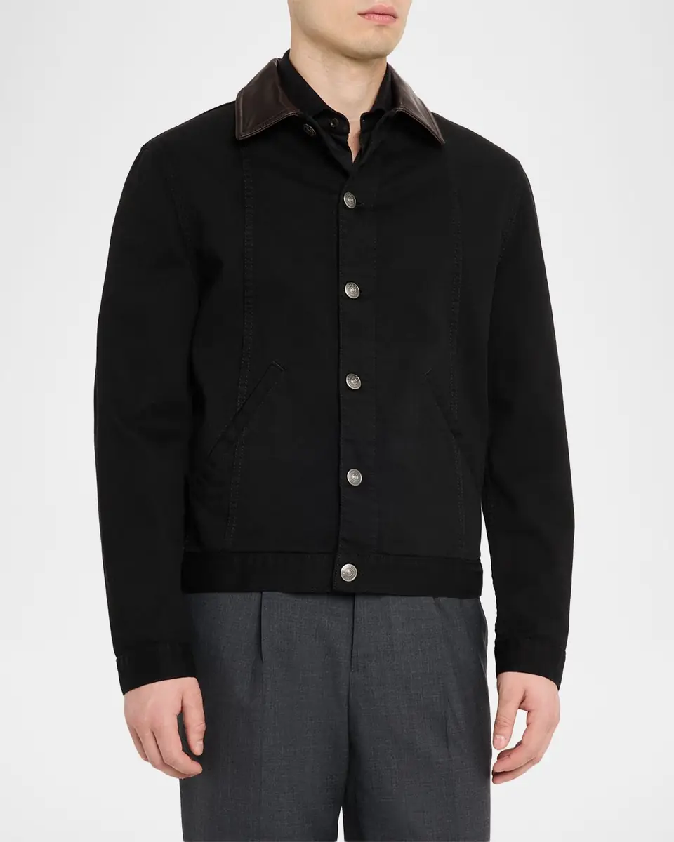 Brunello Cucinelli Men's Garment-Dyed Denim Leather-Collar Shirt Jacket | Thumbnail 3 Brunello Cucinelli Men's Garment-Dyed Denim Leather-Collar Shirt Jacket | Thumbnail 3