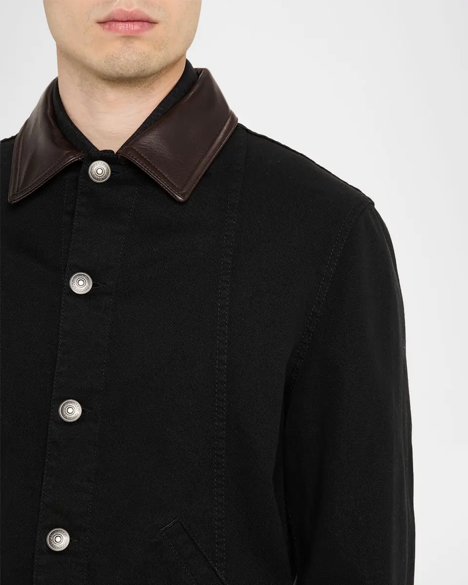 Brunello Cucinelli Men's Garment-Dyed Denim Leather-Collar Shirt Jacket | Thumbnail 4 Brunello Cucinelli Men's Garment-Dyed Denim Leather-Collar Shirt Jacket | Thumbnail 4
