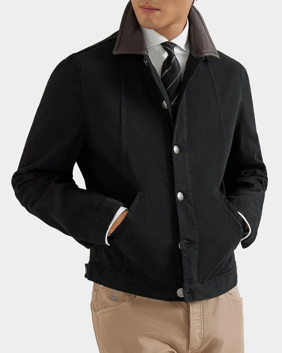 Brunello Cucinelli Men's Garment-Dyed Denim Leather-Collar Shirt Jacket | Thumbnail 5 Brunello Cucinelli Men's Garment-Dyed Denim Leather-Collar Shirt Jacket | Thumbnail 5