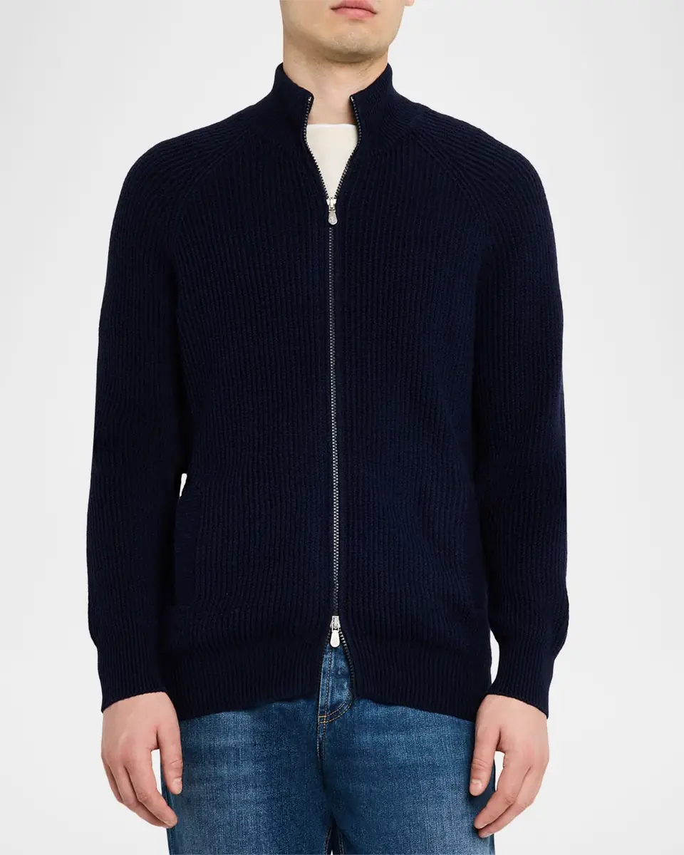 Brunello Cucinelli Men's Cotton Rib Full-Zip Cardigan | Thumbnail 3 Brunello Cucinelli Men's Cotton Rib Full-Zip Cardigan | Thumbnail 3
