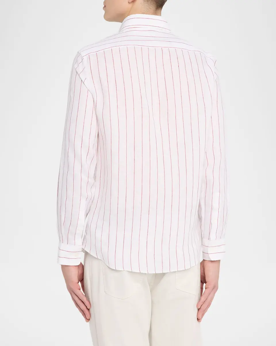 Brunello Cucinelli Men's Linen Pinstripe Spread Collar Button-Down Shirt | Thumbnail 2
