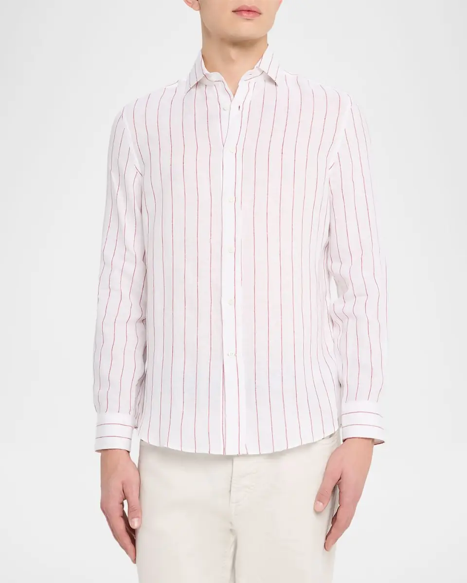 Brunello Cucinelli Men's Linen Pinstripe Spread Collar Button-Down Shirt | Thumbnail 3