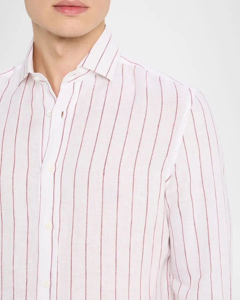 Brunello Cucinelli Men's Linen Pinstripe Spread Collar Button-Down Shirt | Thumbnail 4