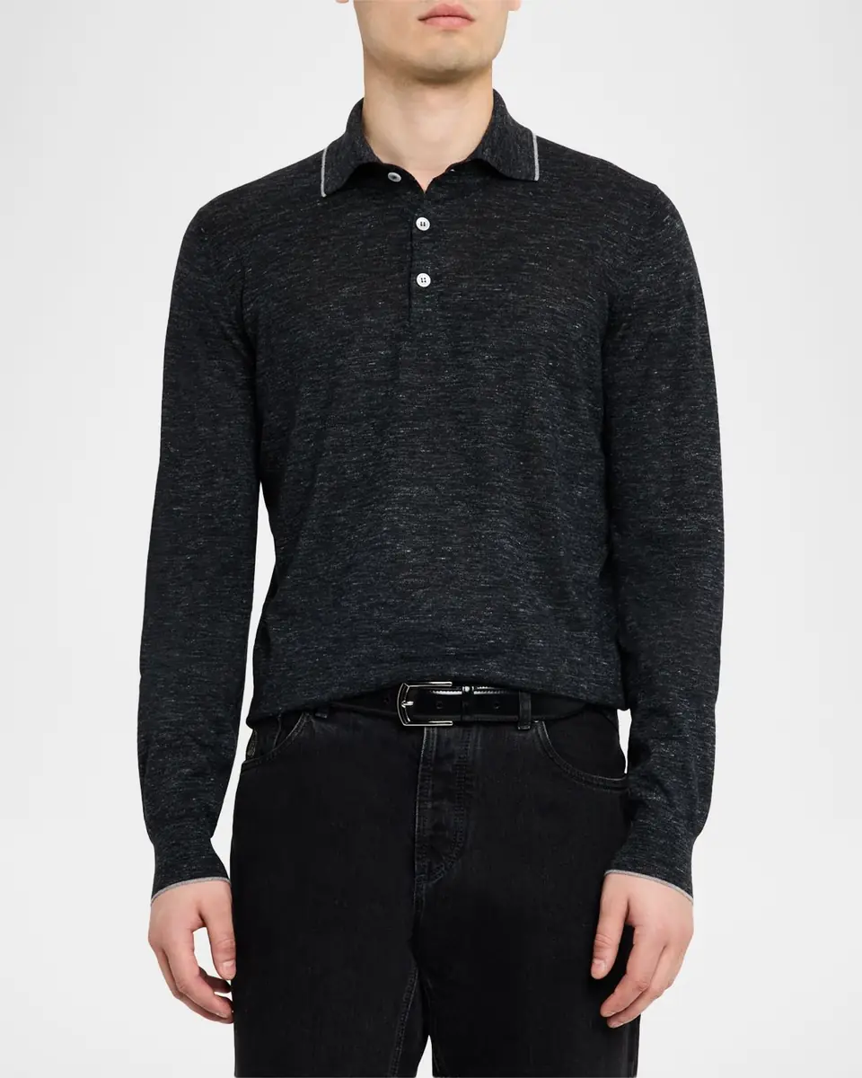 Brunello Cucinelli Men's Cashmere Tipped-Collar Polo Sweater | Thumbnail 3 Brunello Cucinelli Men's Cashmere Tipped-Collar Polo Sweater | Thumbnail 3